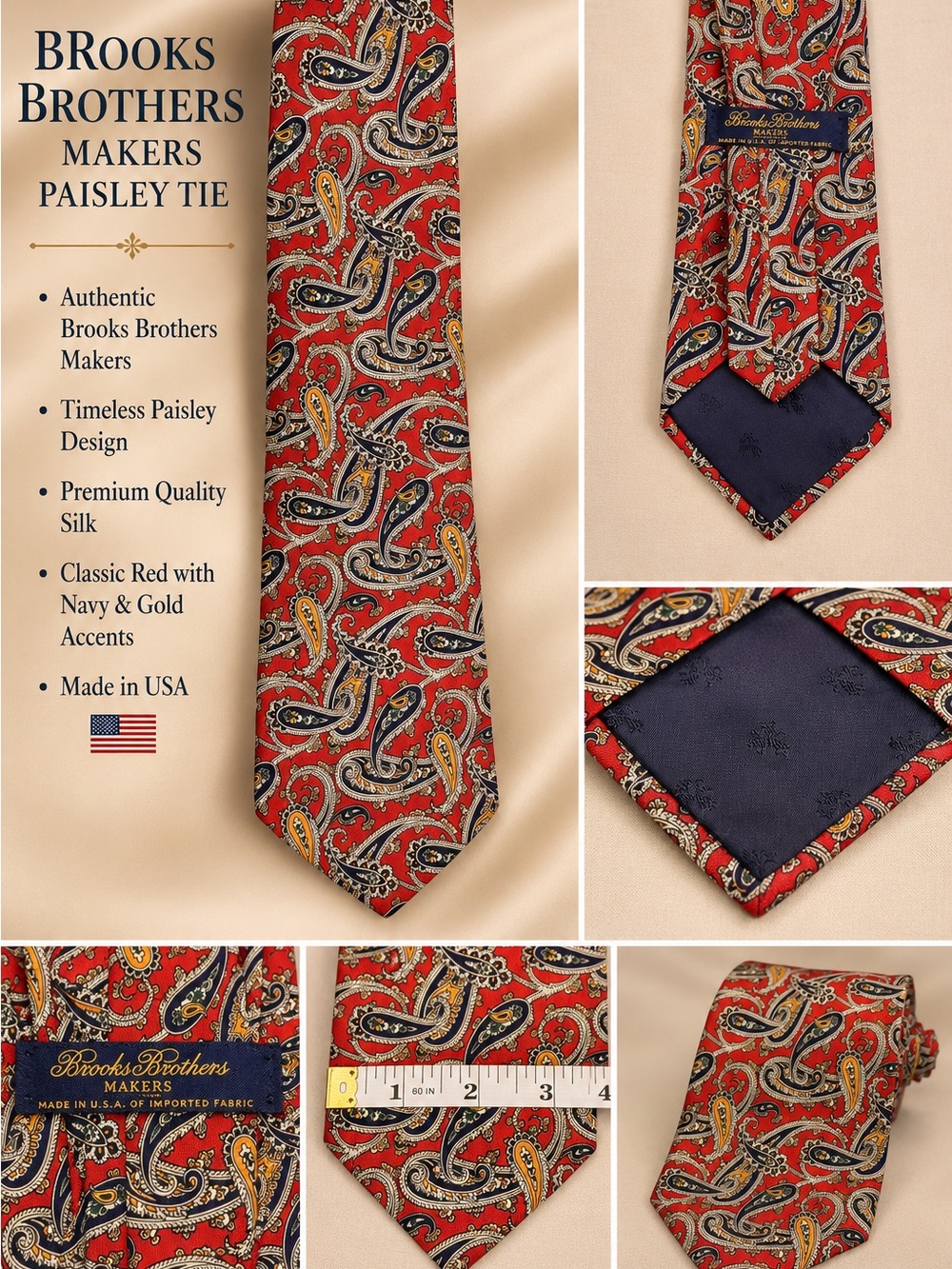 Brooks Brothers Red Paisley Silk Tie with Navy & Gold Details